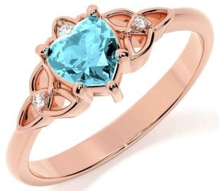Diamond Aquamarine Rose Gold Claddagh Celtic Trinity Knot Ring