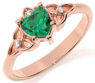 Diamond Emerald Rose Gold Claddagh Celtic Trinity Knot Ring