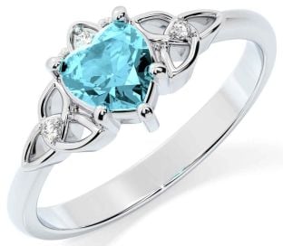 Diamond Aquamarine Silver Claddagh Celtic Trinity Knot Ring