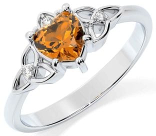 Diamond Citrine Silver Claddagh Celtic Trinity Knot Ring