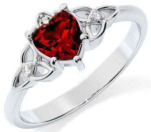 Diamond Garnet Silver Claddagh Celtic Trinity Knot Ring