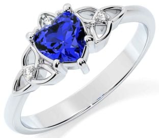Diamond Sapphire Silver Claddagh Celtic Trinity Knot Ring