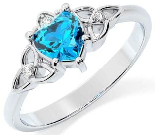 Diamond Topaz Silver Claddagh Celtic Trinity Knot Ring