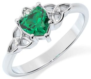 Diamond Emerald White Gold Claddagh Celtic Trinity Knot Ring