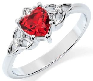 Diamond Ruby White Gold Claddagh Celtic Trinity Knot Ring