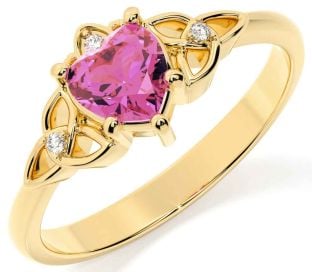 Diamond Pink Tourmaline Gold Claddagh Celtic Trinity Knot Ring