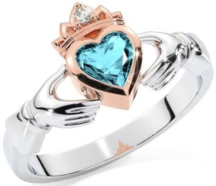 Diamond Aquamarine Rose Gold Silver Claddagh Ring