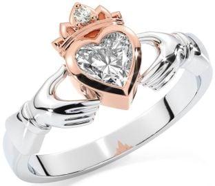 Diamond Rose Gold Silver Claddagh Ring