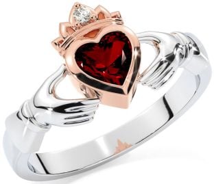 Diamond Garnet Rose Gold Silver Claddagh Ring