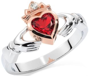 Diamond Ruby Rose Gold Silver Claddagh Ring