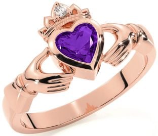 Diamond Amethyst Rose Gold Silver Claddagh Ring