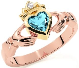 Diamond Aquamarine Rose Yellow Gold & Silver Claddagh Ring