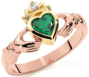 Diamond Emerald Rose Yellow Gold & Silver Claddagh Ring