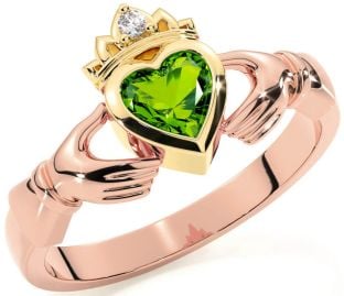 Diamond Peridot Rose Yellow Gold & Silver Claddagh Ring