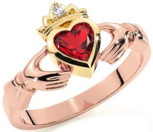 Diamond Ruby Rose Yellow Gold & Silver Claddagh Ring