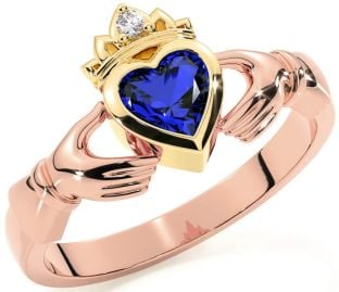 Diamond Sapphire Rose Yellow Gold & Silver Claddagh Ring