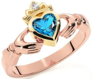 Diamond Topaz Rose Yellow Gold & Silver Claddagh Ring