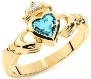 Diamond Aquamarine Gold Silver Claddagh Ring