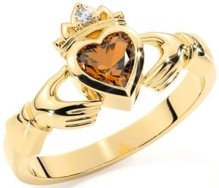 Diamond Citrine Gold Silver Claddagh Ring