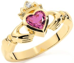 Diamond Pink Tourmaline Gold Silver Claddagh Ring