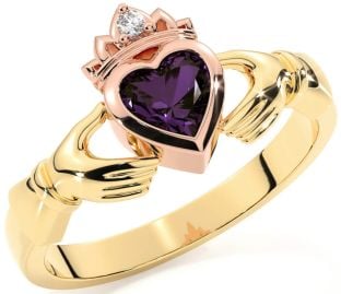 Diamond Alexandrite Rose Yellow Gold & Silver Claddagh Ring