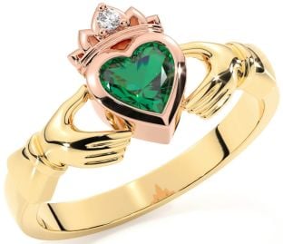 Diamond Emerald Rose Yellow Gold & Silver Claddagh Ring