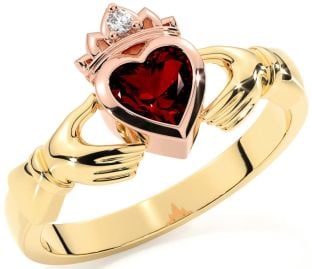 Diamond Garnet Rose Yellow Gold & Silver Claddagh Ring