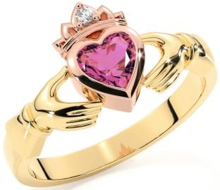 Diamond Pink Tourmaline Rose Yellow Gold & Silver Claddagh Ring