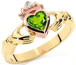 Diamond Peridot Rose Yellow Gold & Silver Claddagh Ring