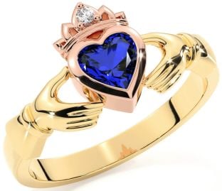 Diamond Sapphire Rose Yellow Gold & Silver Claddagh Ring