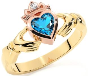 Diamond Topaz Rose Yellow Gold & Silver Claddagh Ring