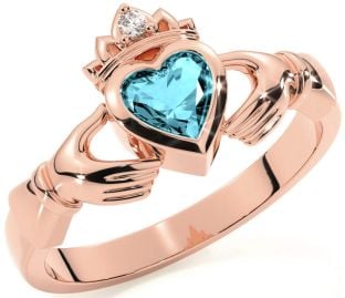 Diamond Aquamarine Rose Gold Claddagh Ring