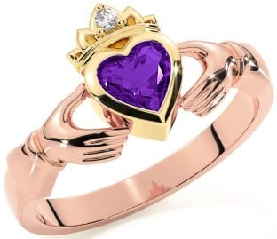 Diamond Amethyst Rose Yellow Gold Claddagh Ring