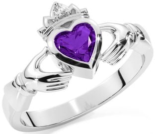 Diamond Amethyst Silver Claddagh Ring