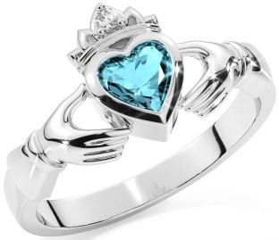 Diamond Aquamarine Silver Claddagh Ring