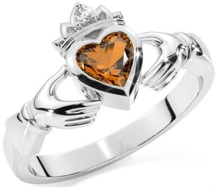 Diamond Citrine Silver Claddagh Ring