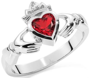 Diamond Ruby Silver Claddagh Ring