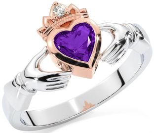 Diamond Amethyst Rose Gold Silver Claddagh Ring