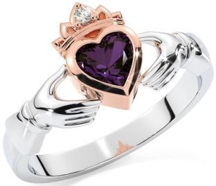 Diamante Alejandrita Rosa Oro Plata Claddagh Anillo