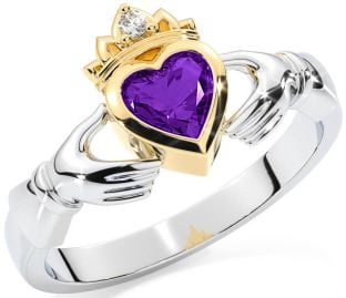 Diamond Amethyst Gold Silver Claddagh Ring