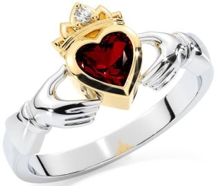 Diamond Garnet Gold Silver Claddagh Ring