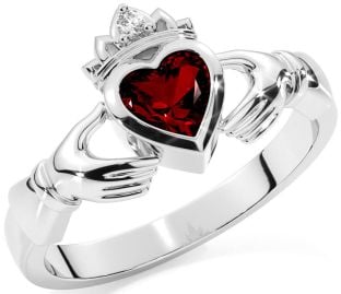 Diamond Garnet White Gold Claddagh Ring