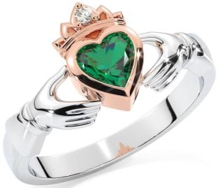 Diamond Emerald White Rose Gold Claddagh Ring