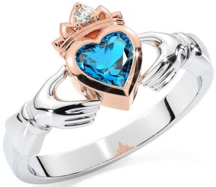 Diament Topaz Biały Różowe Złoto Claddagh Pierścień