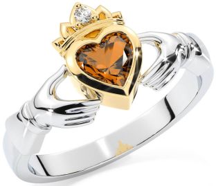 Diamond Citrine White Yellow Gold Claddagh Ring