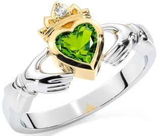 Diamond Peridot White Yellow Gold Claddagh Ring