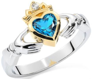 Diamond Topaz White Yellow Gold Claddagh Ring