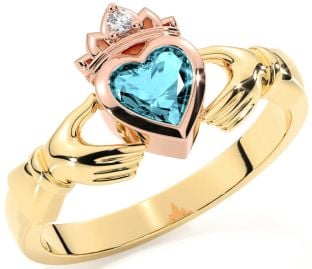 Diamond Aquamarine Rose Yellow Gold Claddagh Ring