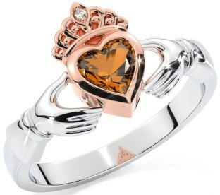 Diamond Citrine Rose Gold Silver Claddagh Ring