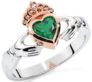 Diamond Emerald Rose Gold Silver Claddagh Ring